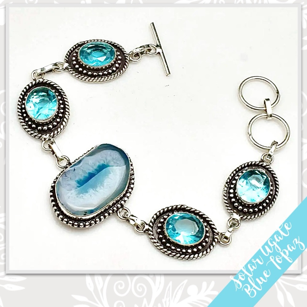 Solar Agate, Blue Topaz Eclectic Artisan Bracelet Adjustable (Sky Blue Turquoise